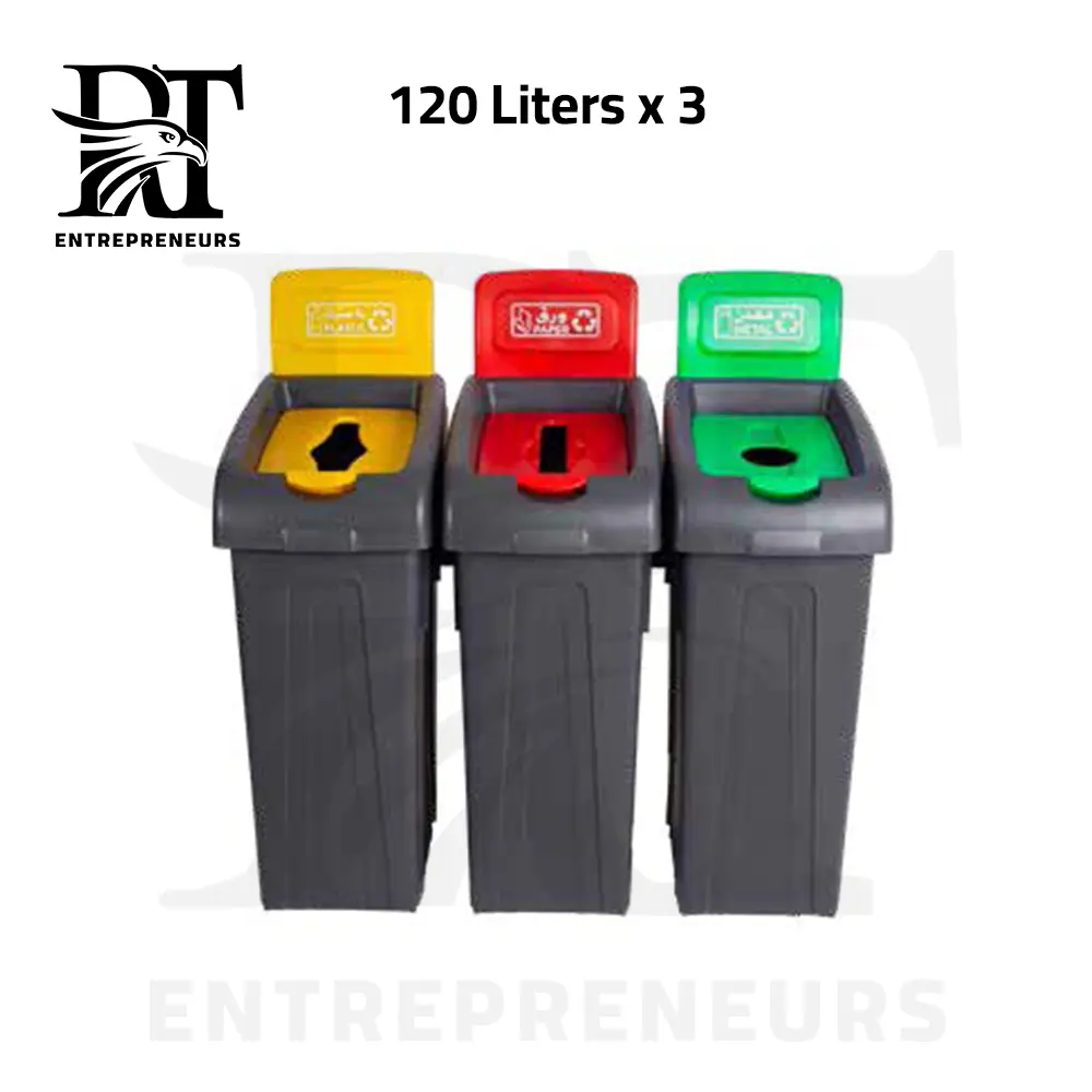 120L Waste Sorting Bin Set – 3 Pieces, Grey with Multicolor Lids
