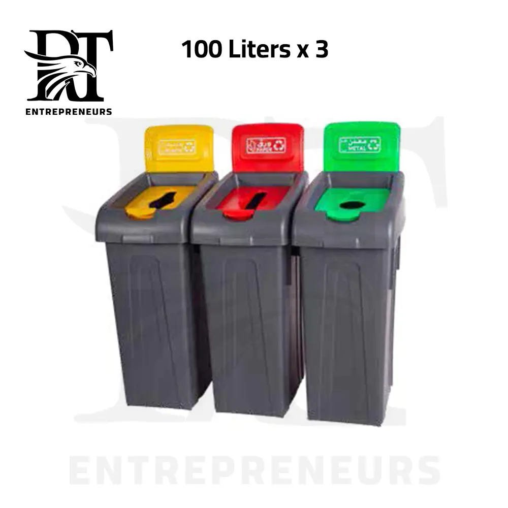 100L Waste Sorting Bin Set – 3 Pieces, Grey with Multicolor Lids