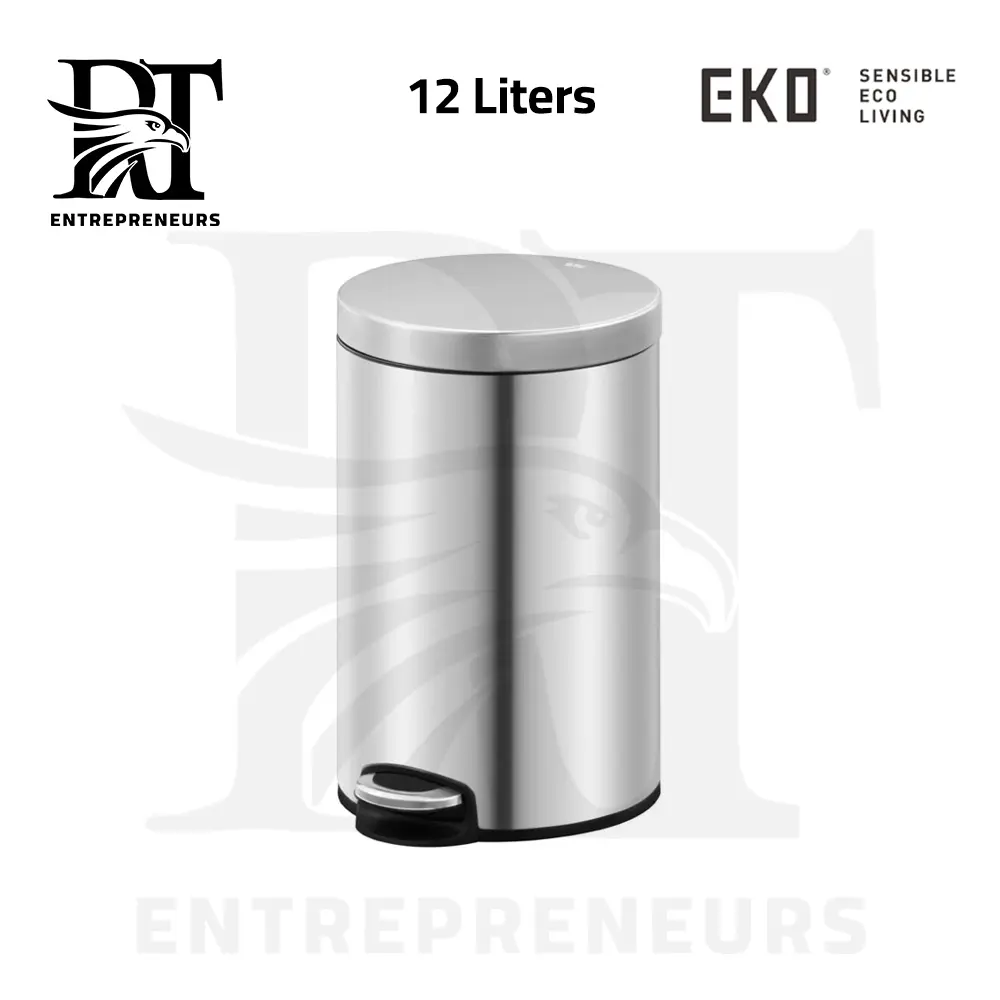 سلة مهملات من الستانلس ستيل EKO EK9215MT بغطاء دائري يغلق بلطف ودواسة – فضي