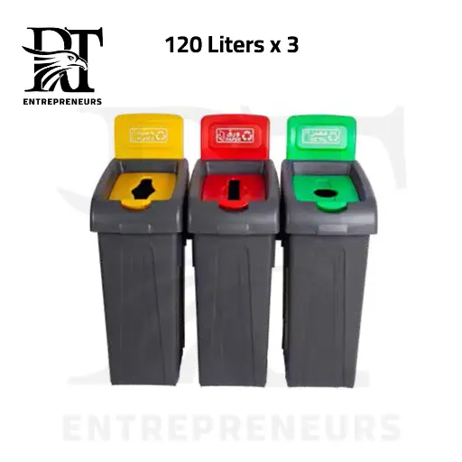 120L Waste Sorting Bin Set – 3 Pieces, Grey with Multicolor Lids