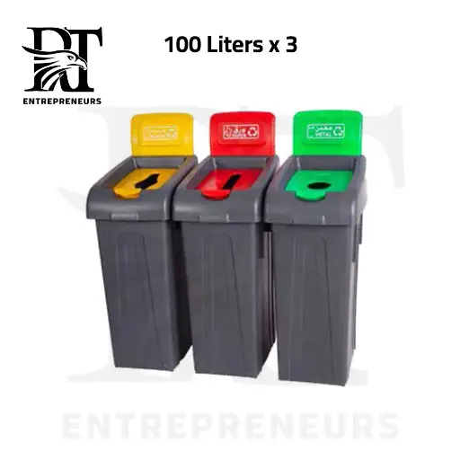 100L Waste Sorting Bin Set – 3 Pieces, Grey with Multicolor Lids